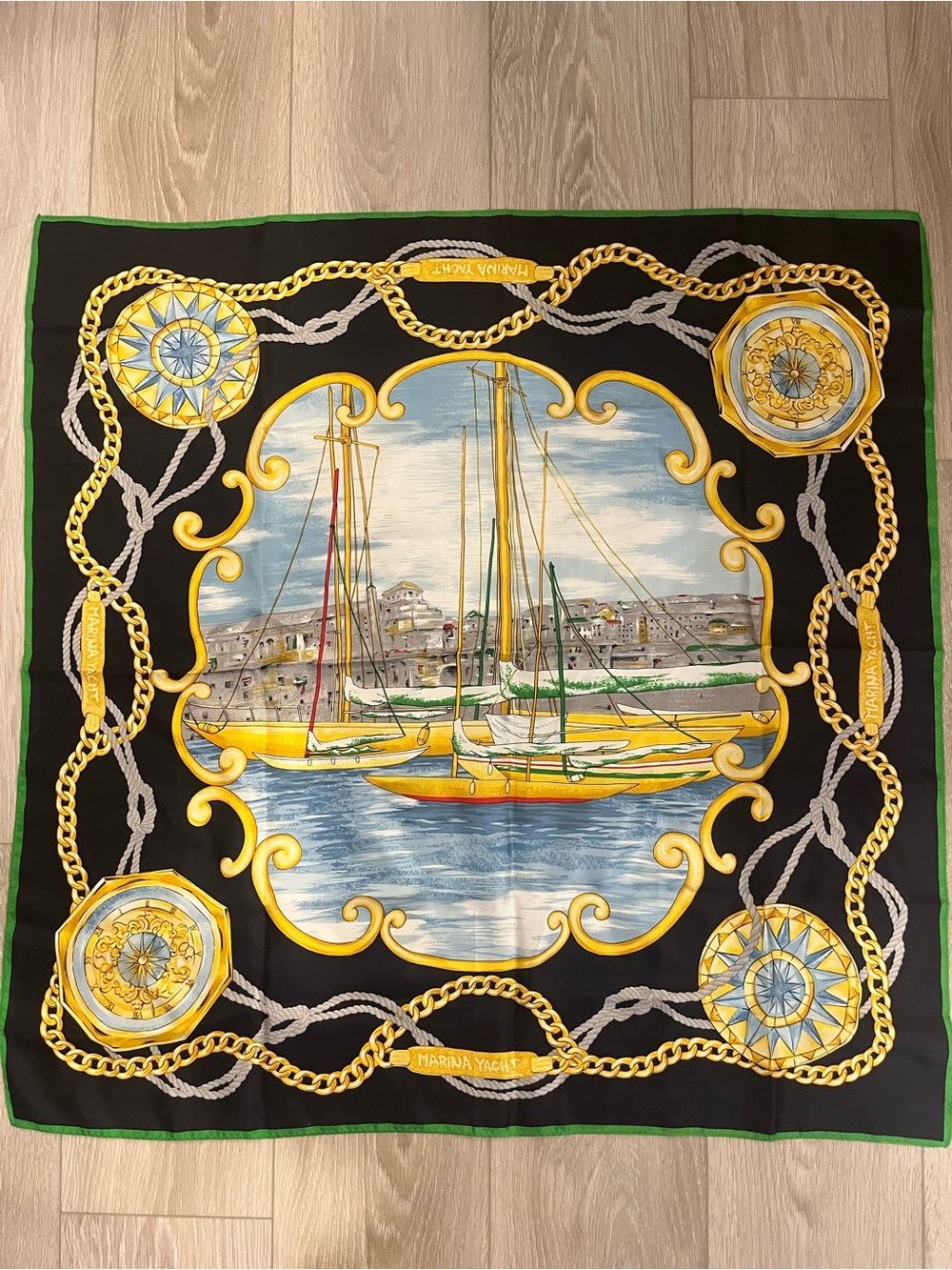 Vintage Marina Yacht Nautical Harbor Compass Chain Square Scarf Silk Feel